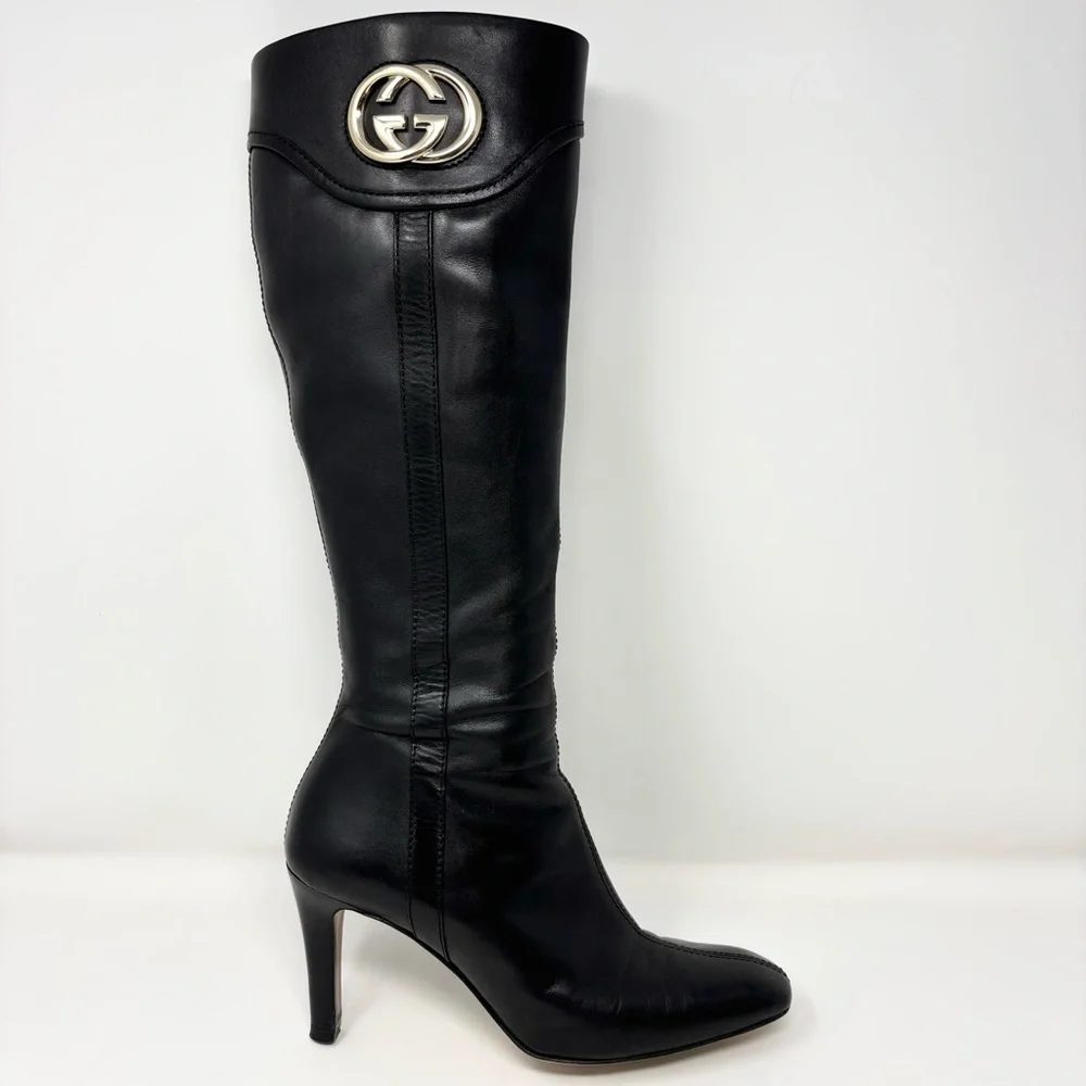Gucci by Tom Ford GG Logo Black Leather Knee High Boots Size 8.5 Vintage - Picture 11 of 16
